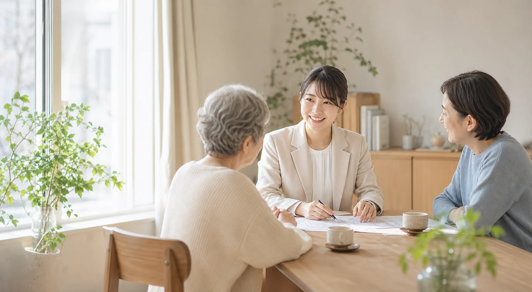 相談支援スタッフがご本人とご家族の話を聞いている写真