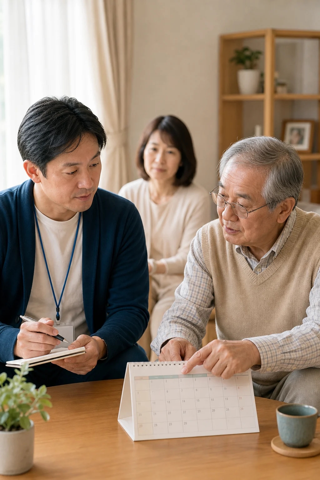 スタッフが初回相談で暮らしの予定を一緒に確認している写真